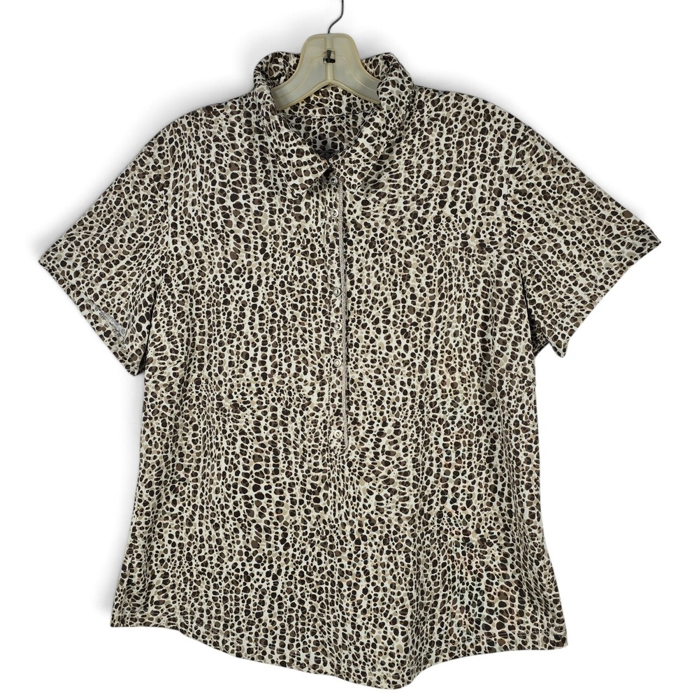 Tail Top Womens L Leopard Brown Partial Button Down Short Sleeve EUC Golf Tennis